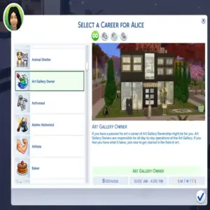 Sélection de carrière Sims 4: propriétaire galerie d'art.
