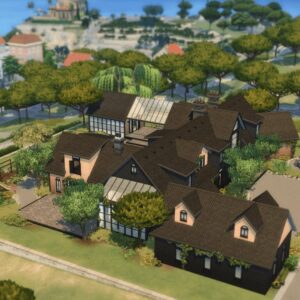 Maison dans Les Sims 4, jardin et fontaine.