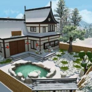 Maison japonaise enneigée dans Les Sims 4.