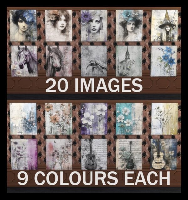 Affiches Sims 4, vingt images, neuf couleurs disponibles.
