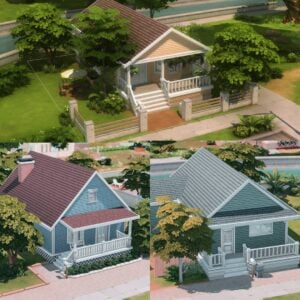 Trois maisons pittoresques dans Les Sims 4 jeu vidéo.
