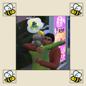 Personnages Sims 4 s'embrassant avec pensée d'argent.