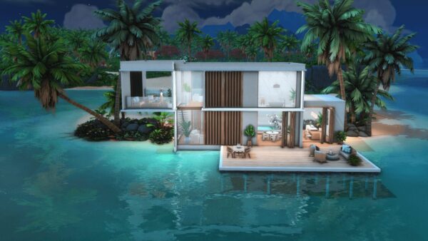 Maison moderne sur l'eau, Sims 4 paysage tropical.