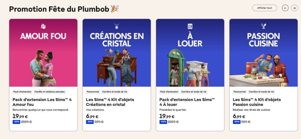 Promotion Sims 4, packs et kits en solde.