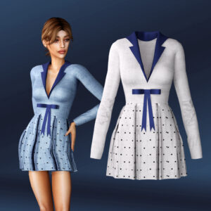 Robe avec une jupe évasée à pois courts, un nœud et un col