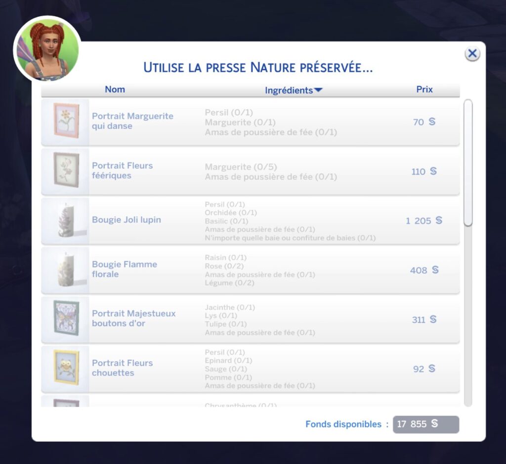 Objets à créer en utilisant la presse nature réservée dans Les Sims 4