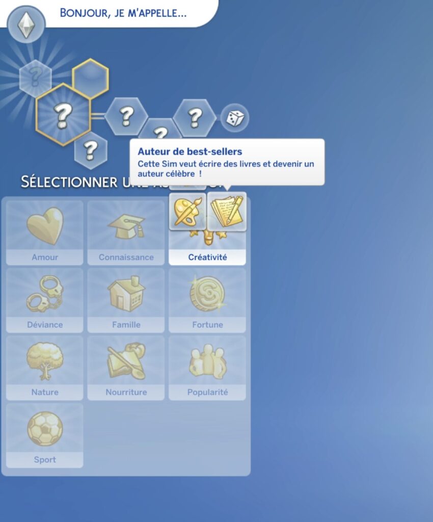 Choix d'une aspiration Sims 4 dans le mode Créer Un Sim