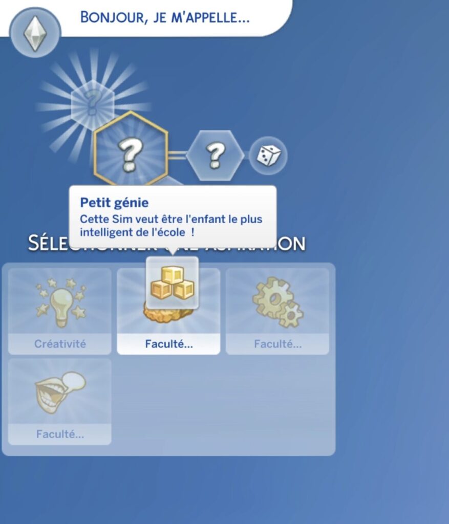 Choix d'une aspiration pour un enfant Sims 4