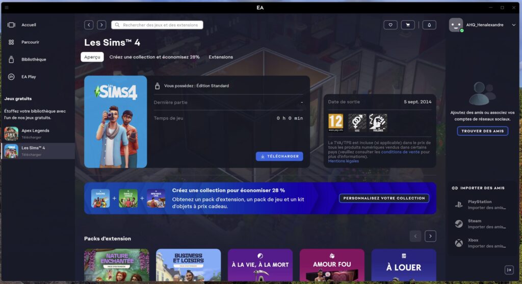 Page du jeu Les Sims 4 sur l'EA App