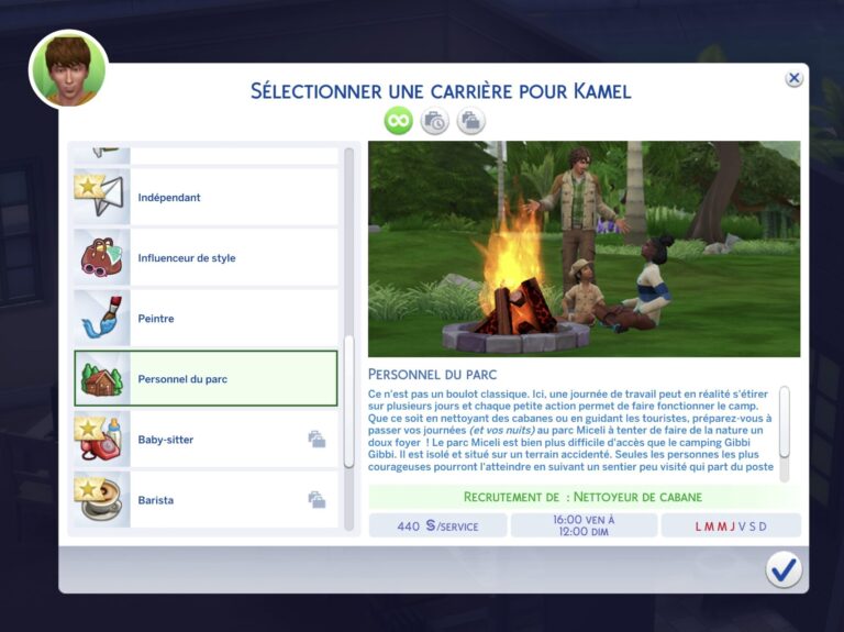 La carrière Personnel du Parc dans Les Sims 4 À l'aventure