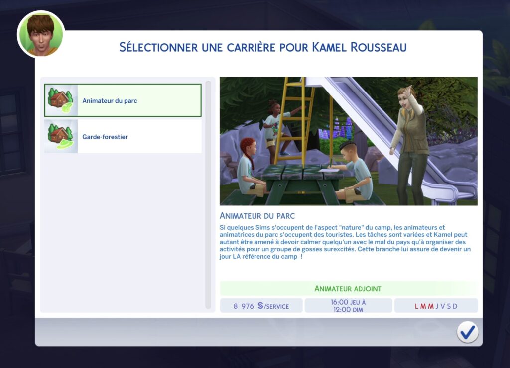 Sélection d'une branche dans la carrière Animateur du parc Sims 4