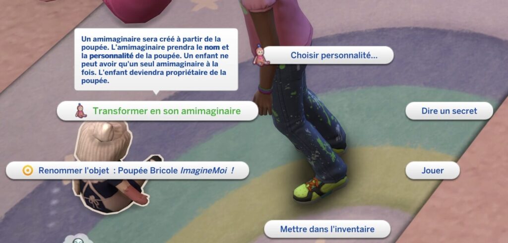 Interaction pour transformer poupée en amimaginaire dans Les Sims 4 à l'aventure