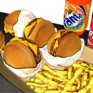 Burgers enveloppés de fast-food + frites en forme de vagues
