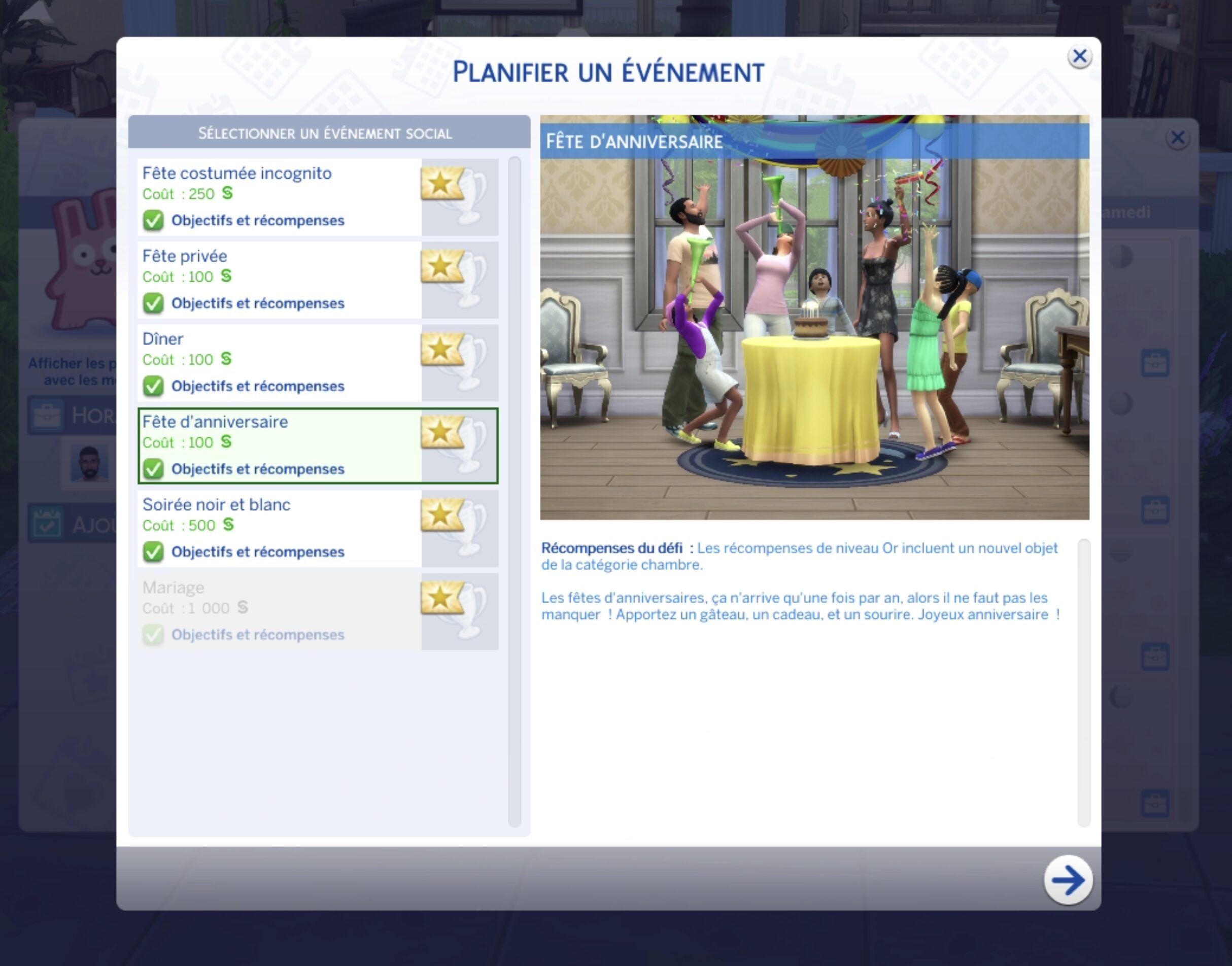 Fenêtre pour organiser une fête d'anniversaire dans Les Sims 4