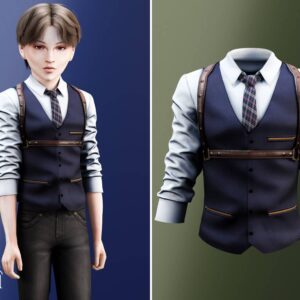 Enfant - Gilet bleu marine avec cravate à carreaux et sangles de harnais
