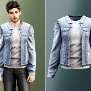 Veste en jean délavé bleu clair avec une couche de pull