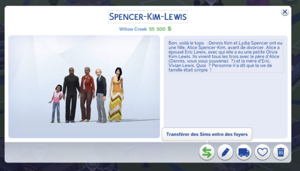 Fenêtre de gestion d'un foyer Sims 4 avec l'option "transférer des sims entre des foyers"