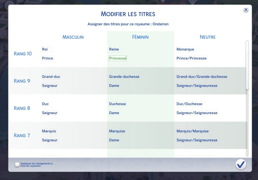 Fenêtre pour modifier les titres de noblesse dans Les Sims 4