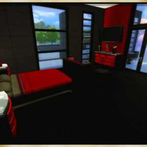 Chambre moderne dans *Les Sims 4* avec lit rouge et vue panoramique