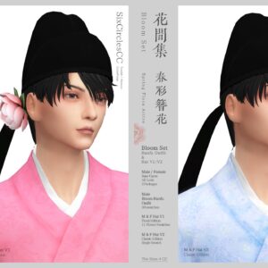 Ensemble hanfu printanier pour Sims 4 avec chapeaux V1/V2, fleurs et motifs floraux