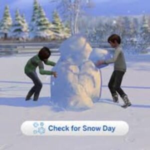 Deux joueurs dans *Les Sims 4* construisent un bonhomme de neige géant.
