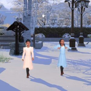 Deux Sims 4 marchant dans un parc enneigé, vêtements légers