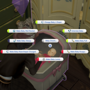 Interface des besoins bébé dans *Les Sims 4* en français.