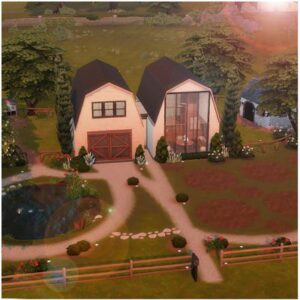 Maison des Sims 4 avec jardin et étang