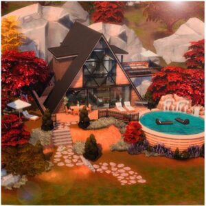 Maison en A des Sims 4 avec piscine et feuillage automnal