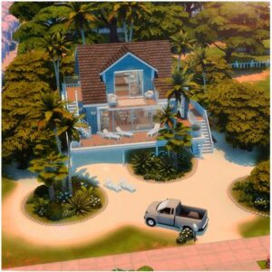 Maison de jeu Les Sims 4 tropicale avec piscine et voiture