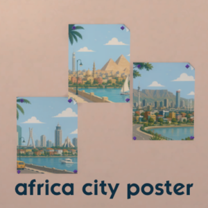 Poster de villes africaines dans *Les Sims 4* avec pyramides, skyline moderne et paysages