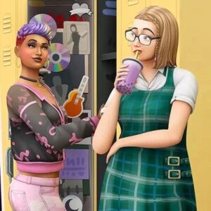 Deux Sims 4 posant devant un distributeur automatique