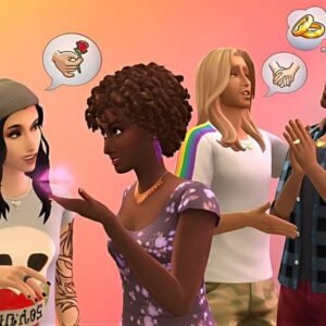 Personnages des Sims 4 discutant avec bulles de dialogue colorées