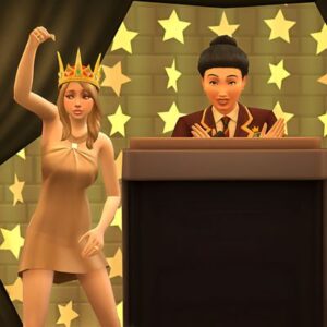 Jeu vidéo Les Sims 4 : scène de compétition avec couronne et podium étoilé