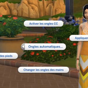 Interface des options d’ongles dans *Les Sims 4* : mains, pieds, naturels et personnalisés.