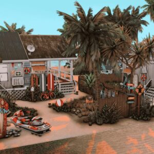 Scène de plage stylisée du jeu *Les Sims 4* avec maisons et décorations tropicales