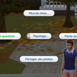 Choix de dialogue dans Sims 4 : conversation en extérieur avec options.