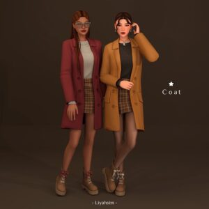 Deux mannequins Sims 4 portant des manteaux et jupes plissées, bottes assorties