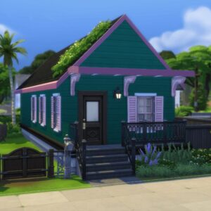 Maison de jeu Sims 4 style cottage vert avec balcon