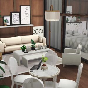 Salon élégant du jeu *Les Sims 4* avec décor minimaliste et Noël