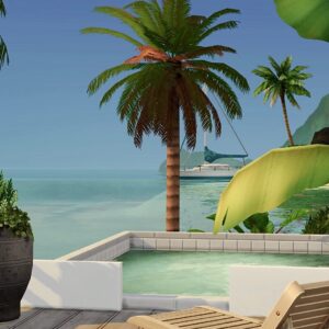 Piscine tropicale dans *Les Sims 4*, vue paradisiaque avec palmiers et bateau au loin