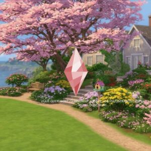 Maison de jeu Les Sims 4, jardin fleuri et mode construction.