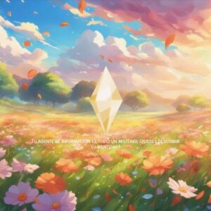 Paysage floral coloré du jeu Les Sims 4 avec logo mystérieux