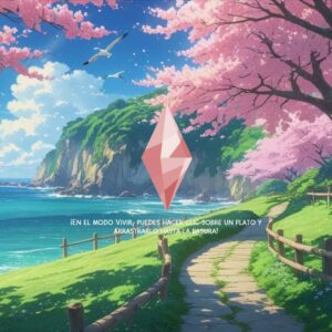 Paysage idyllique du jeu Les Sims 4, mode vivre, avec cerisiers en fleurs et bord de mer