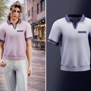 Polos pastel pour personnage dans *Les Sims 4*, vue réelle et 3D