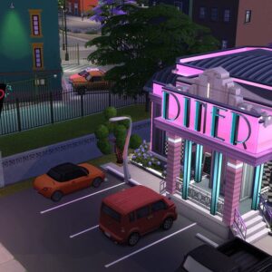 Restaurant et diner virtuels dans *Les Sims 4* avec voitures stationnées