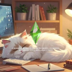 Chat blanc sur un bureau avec écran affichant Les Sims 4, logo Ethereum et texte en espagnol.