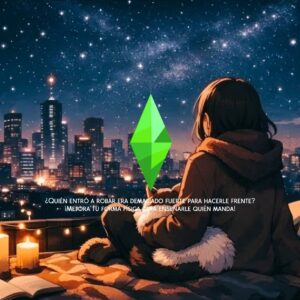 Personnage des Sims 4 avec une ville futuriste et une plante virtuelle Ethereum, ambiance nocturne.