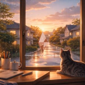 Chat regardant un coucher de soleil par la fenêtre, bureau avec ordinateur, jeu Sims 4 Everdew.
