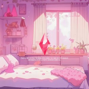 Chambre colorée du jeu Les Sims 4 avec lit, guitare et fenêtre.